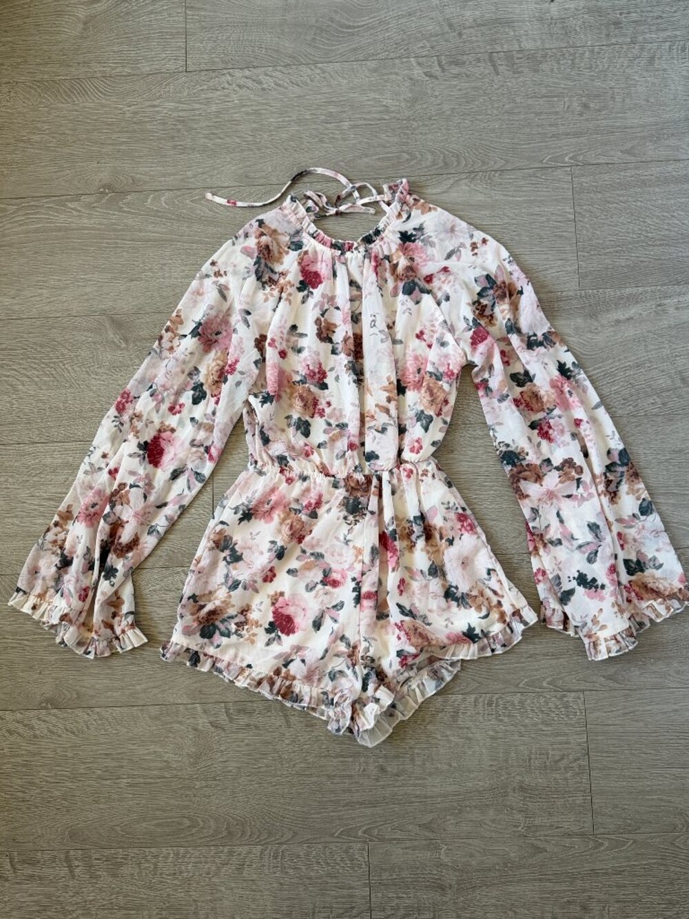 Floral Long Sleeve Tie Waist Romper Jumpsuit Size XS